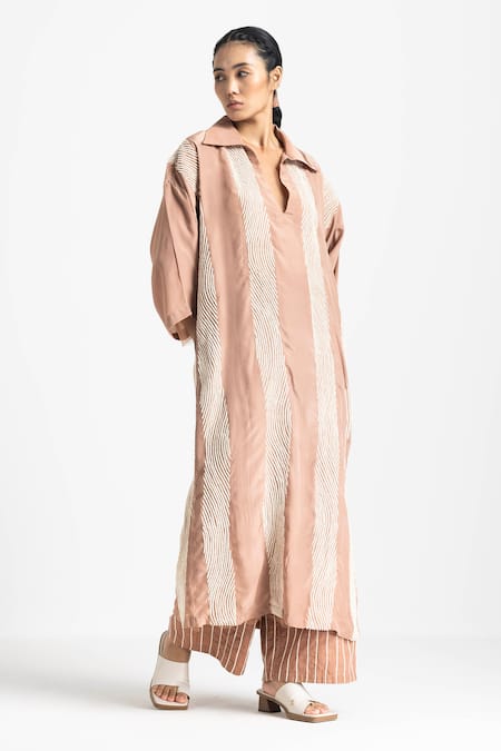 Shop Three Pink Tunic Crepe Embroidered V Collared Neck And High Waist Pant Set Online at Aza Fashions Shop_Three_Pink Tunic Crepe Embroidered V Collared Neck And High Waist Pant Set _Online_at_Aza_Fashions