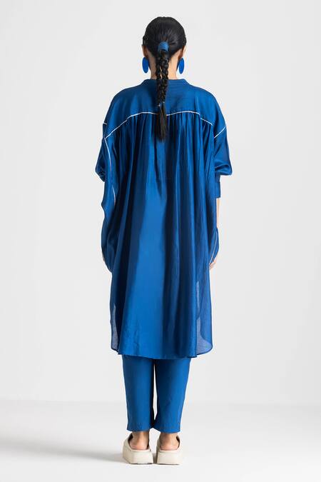 Shop_Three_Blue Shirt Chanderi High Round Bat Sleeve And Pant Set  _at_Aza_Fashions