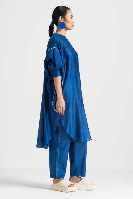 Three_Blue Shirt Chanderi High Round Bat Sleeve And Pant Set  _Online_at_Aza_Fashions