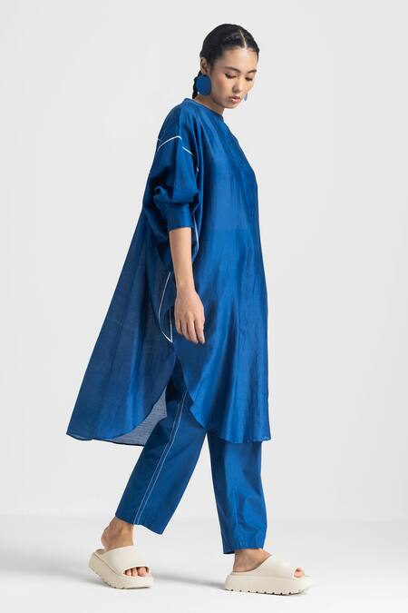Buy_Three_Blue Shirt Chanderi High Round Bat Sleeve And Pant Set  _Online_at_Aza_Fashions