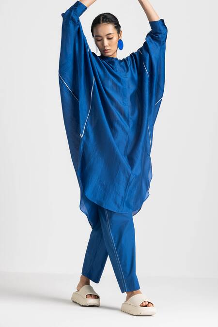 Shop_Three_Blue Shirt Chanderi High Round Bat Sleeve And Pant Set  _Online_at_Aza_Fashions