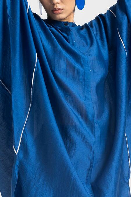 Three_Blue Shirt Chanderi High Round Bat Sleeve And Pant Set  _at_Aza_Fashions