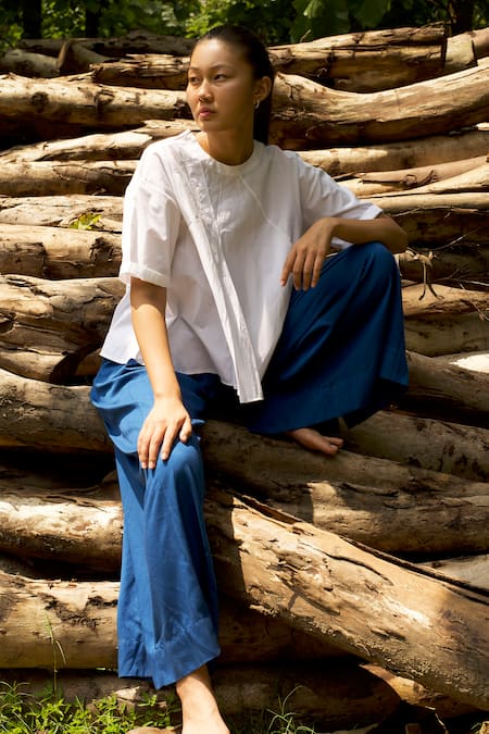 THREE White Asymmetric Pleated Top And Pant Set 