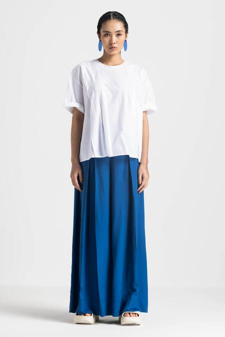 Three White Cotton, Tencel Round Neck Asymmetric Pleated Top And Pant Set Online at Aza Fashions Three_White Cotton, Tencel Round Neck Asymmetric Pleated Top And Pant Set _Online_at_Aza_Fashions