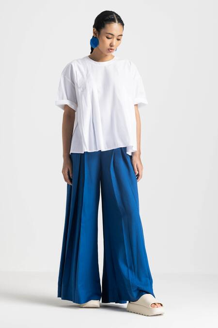 Buy Three White Cotton, Tencel Round Neck Asymmetric Pleated Top And Pant Set Online at Aza Fashions Buy_Three_White Cotton, Tencel Round Neck Asymmetric Pleated Top And Pant Set _Online_at_Aza_Fashions