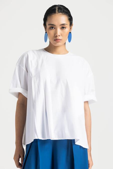 Three White Cotton, Tencel Round Neck Asymmetric Pleated Top And Pant Set at Aza Fashions Three_White Cotton, Tencel Round Neck Asymmetric Pleated Top And Pant Set _at_Aza_Fashions
