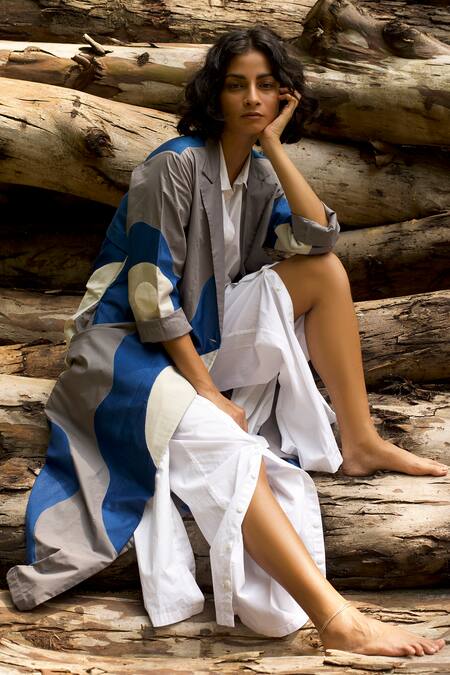 Buy Three Blue Top Poplin Tunic Collared Floral Applique Jacket Pant Set Online at Aza Fashions Buy_Three_Blue Top Poplin Tunic Collared Floral Applique Jacket Pant Set _Online_at_Aza_Fashions