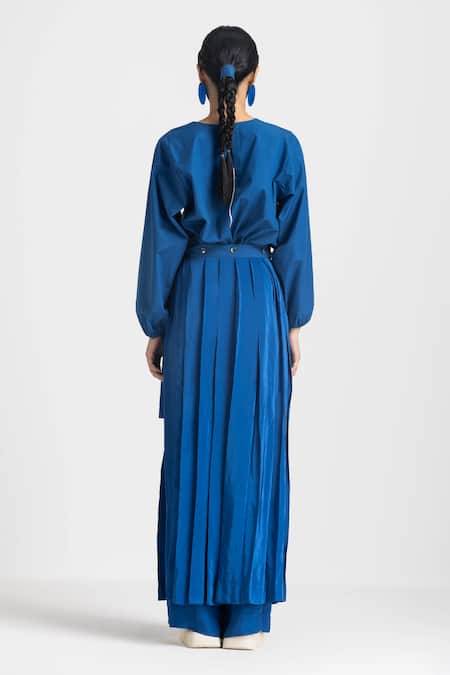 Shop Three Blue Poplin, Crepe Embroidery Round Neck Top And Overlay Pant Set at Aza Fashions Shop_Three_Blue Poplin, Crepe Embroidery Round Neck Top And Overlay Pant Set _at_Aza_Fashions