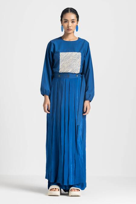 Buy Three Blue Poplin, Crepe Embroidery Round Neck Top And Overlay Pant Set Online at Aza Fashions Buy_Three_Blue Poplin, Crepe Embroidery Round Neck Top And Overlay Pant Set _Online_at_Aza_Fashions
