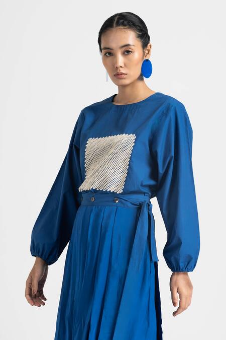 Shop Three Blue Poplin, Crepe Embroidery Round Neck Top And Overlay Pant Set Online at Aza Fashions Shop_Three_Blue Poplin, Crepe Embroidery Round Neck Top And Overlay Pant Set _Online_at_Aza_Fashions