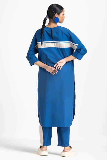 Shop Three Blue Poplin Round Applique Stripe Tunic And Pant Set at Aza Fashions Shop_Three_Blue Poplin Round Applique Stripe Tunic And Pant Set _at_Aza_Fashions