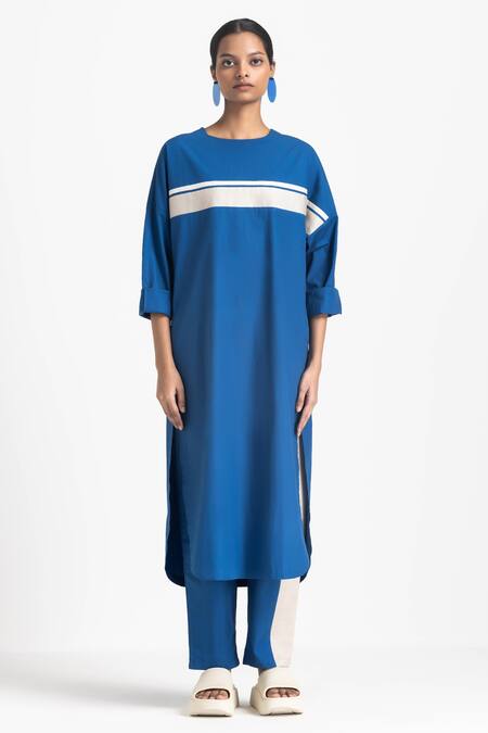 Three Blue Poplin Round Applique Stripe Tunic And Pant Set Online at Aza Fashions Three_Blue Poplin Round Applique Stripe Tunic And Pant Set _Online_at_Aza_Fashions