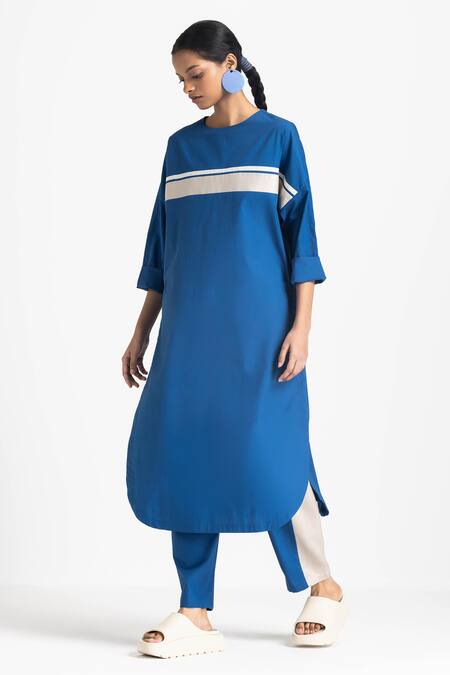 Shop Three Blue Poplin Round Applique Stripe Tunic And Pant Set Online at Aza Fashions Shop_Three_Blue Poplin Round Applique Stripe Tunic And Pant Set _Online_at_Aza_Fashions