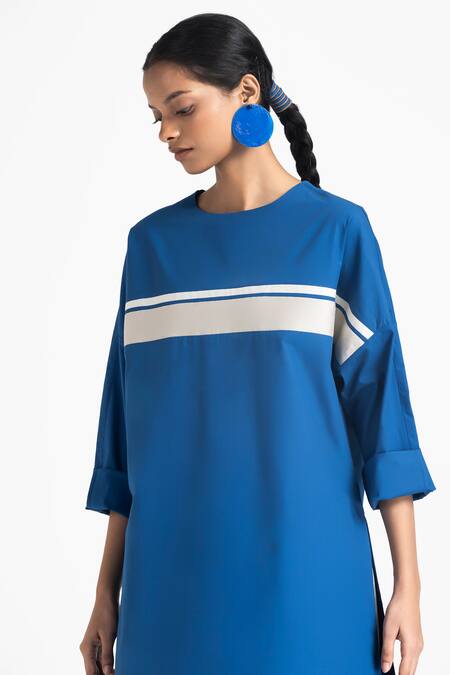 Three Blue Poplin Round Applique Stripe Tunic And Pant Set at Aza Fashions Three_Blue Poplin Round Applique Stripe Tunic And Pant Set _at_Aza_Fashions