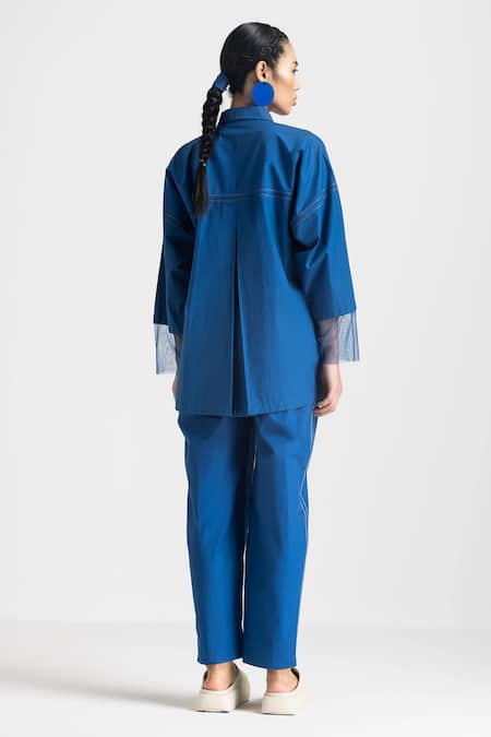 Shop Three Blue Cotton, Poplin Collared Contrast Panel Shirt And Pant Set at Aza Fashions Shop_Three_Blue Cotton, Poplin Collared Contrast Panel Shirt And Pant Set _at_Aza_Fashions