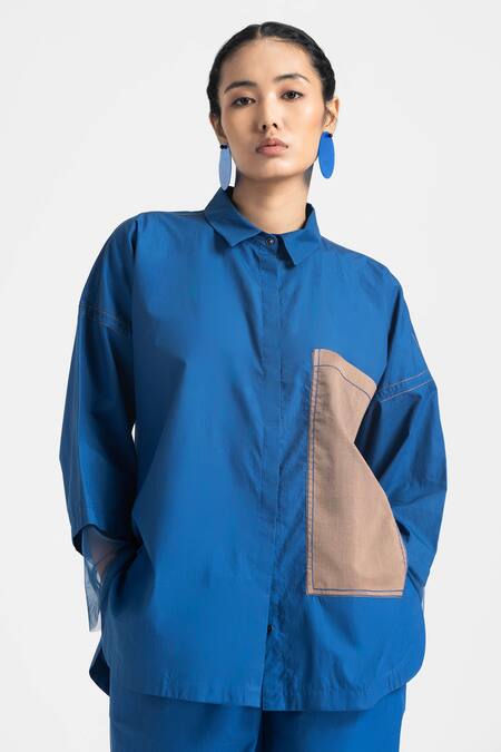 Three Blue Cotton, Poplin Collared Contrast Panel Shirt And Pant Set Online at Aza Fashions Three_Blue Cotton, Poplin Collared Contrast Panel Shirt And Pant Set _Online_at_Aza_Fashions
