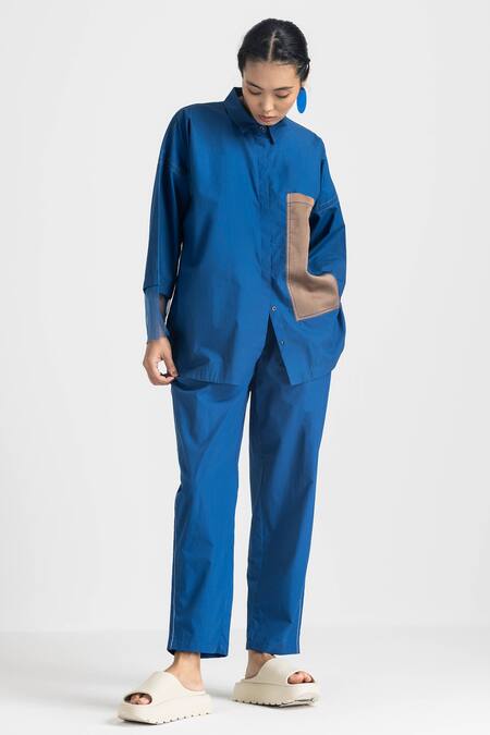 Buy Three Blue Cotton, Poplin Collared Contrast Panel Shirt And Pant Set Online at Aza Fashions Buy_Three_Blue Cotton, Poplin Collared Contrast Panel Shirt And Pant Set _Online_at_Aza_Fashions