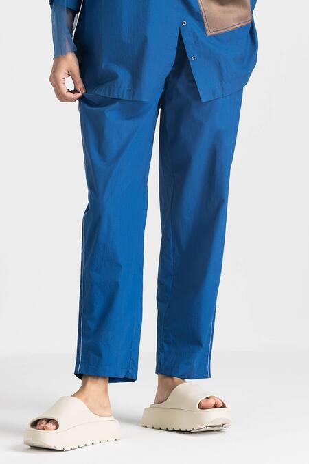 Shop Three Blue Cotton, Poplin Collared Contrast Panel Shirt And Pant Set Online at Aza Fashions Shop_Three_Blue Cotton, Poplin Collared Contrast Panel Shirt And Pant Set _Online_at_Aza_Fashions