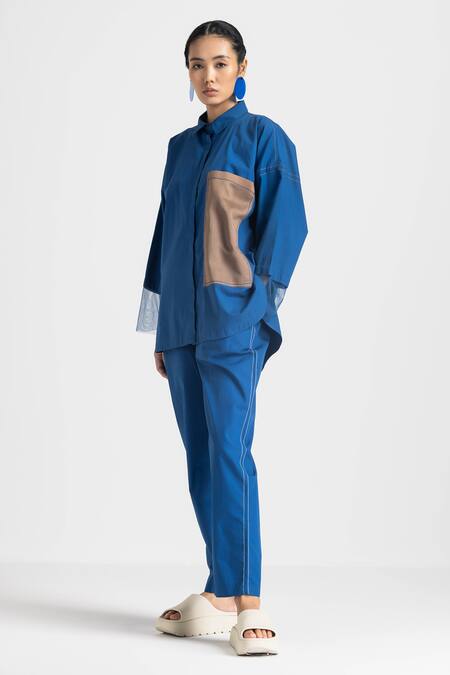 Three Blue Cotton, Poplin Collared Contrast Panel Shirt And Pant Set at Aza Fashions Three_Blue Cotton, Poplin Collared Contrast Panel Shirt And Pant Set _at_Aza_Fashions