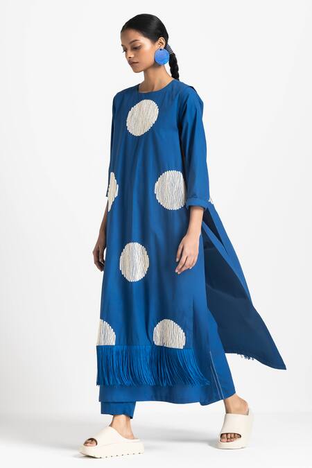 Buy Three Blue Poplin Round Overlay Tunic And Pant Set Buy_Three_Blue Poplin Round Overlay Tunic And Pant Set