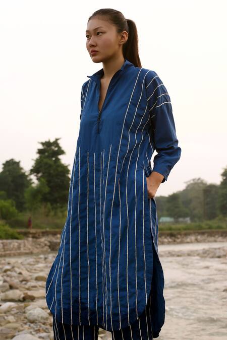 Three Blue Poplin Collared Embroidered Tunic And Pant Set Online at Aza Fashions Three_Blue Poplin Collared Embroidered Tunic And Pant Set _Online_at_Aza_Fashions