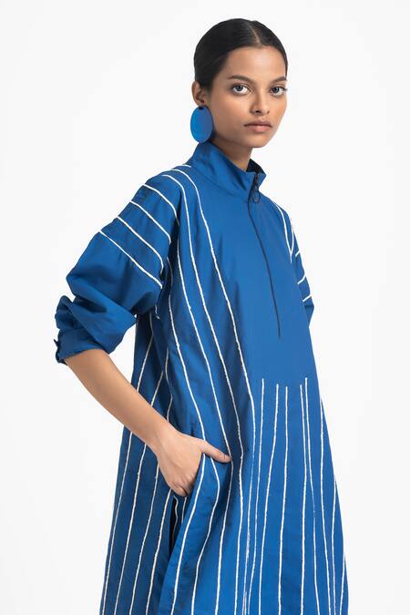 Three Blue Poplin Collared Embroidered Tunic And Pant Set at Aza Fashions Three_Blue Poplin Collared Embroidered Tunic And Pant Set _at_Aza_Fashions