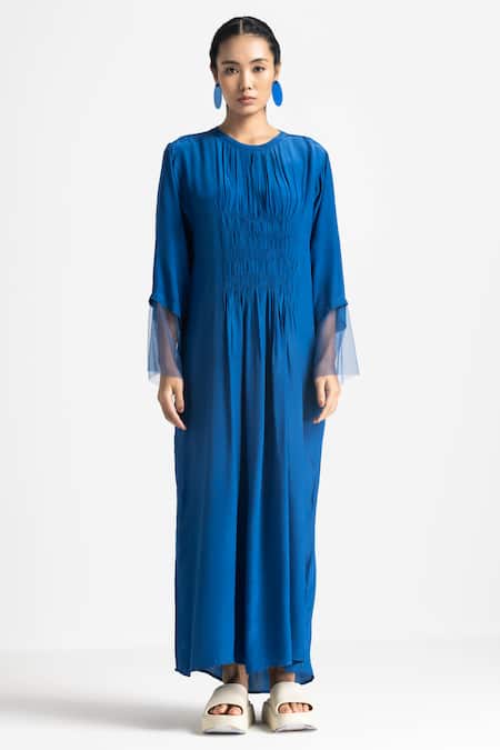 Shop Three Blue Crepe, Chanderi Tassels Round Neck Elastic Waist Dress With Fringe Scarf at Aza Fashions Shop_Three_Blue Crepe, Chanderi Tassels Round Neck Elastic Waist Dress With Fringe Scarf _at_Aza_Fashions