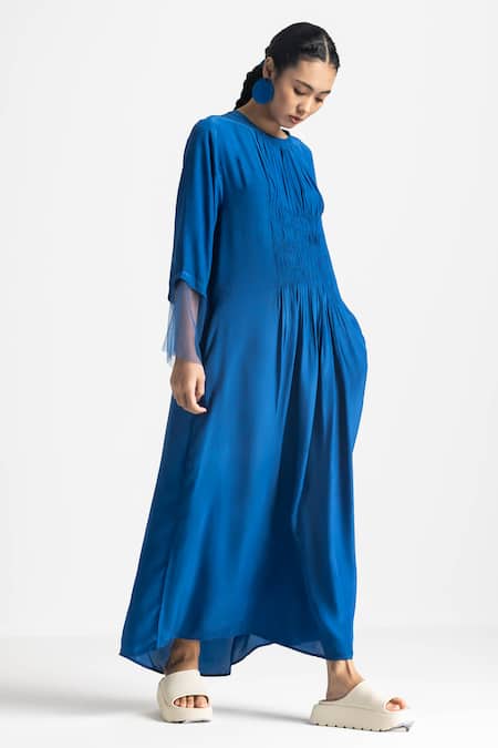 Three Blue Crepe, Chanderi Tassels Round Neck Elastic Waist Dress With Fringe Scarf Online at Aza Fashions Three_Blue Crepe, Chanderi Tassels Round Neck Elastic Waist Dress With Fringe Scarf _Online_at_Aza_Fashions