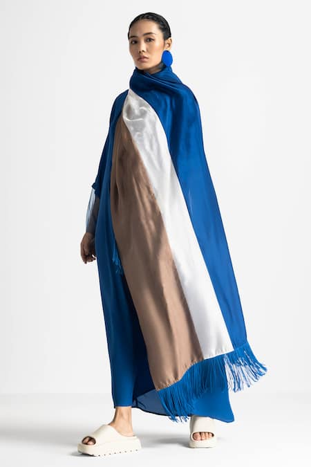 Shop Three Blue Crepe, Chanderi Tassels Round Neck Elastic Waist Dress With Fringe Scarf Online at Aza Fashions Shop_Three_Blue Crepe, Chanderi Tassels Round Neck Elastic Waist Dress With Fringe Scarf _Online_at_Aza_Fashions