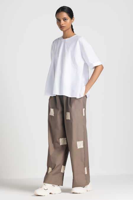 THREE White Poplin Asymmetric Pleated Top And Embroidered Pant Set 