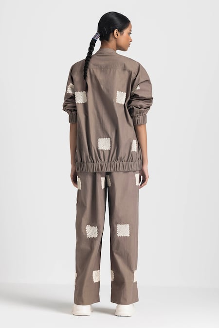 Shop_Three_White Poplin Embroidered Open Bomber Jacket And Pant Set  _at_Aza_Fashions