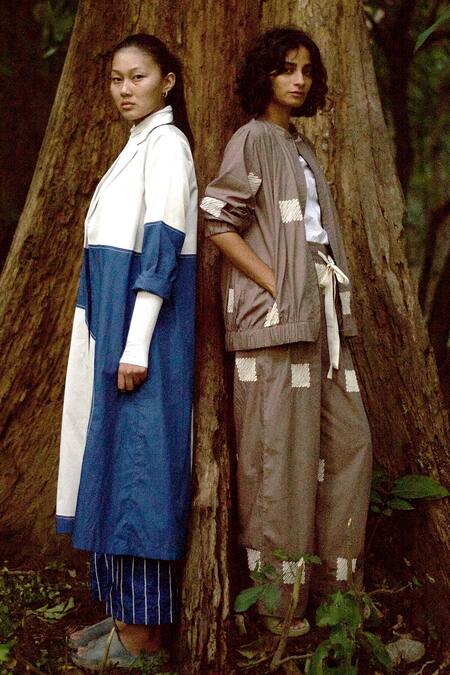 Three_White Poplin Embroidered Open Bomber Jacket And Pant Set  _Online_at_Aza_Fashions