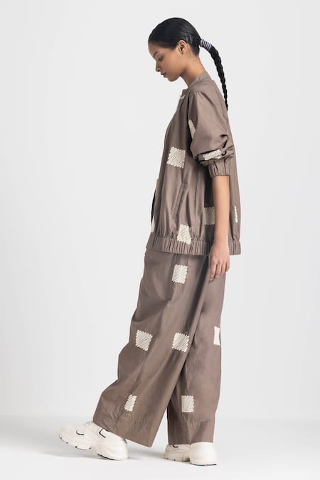 Shop_Three_White Poplin Embroidered Open Bomber Jacket And Pant Set  _Online_at_Aza_Fashions