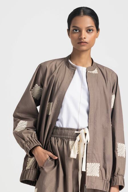 Buy_Three_White Poplin Embroidered Open Bomber Jacket And Pant Set  