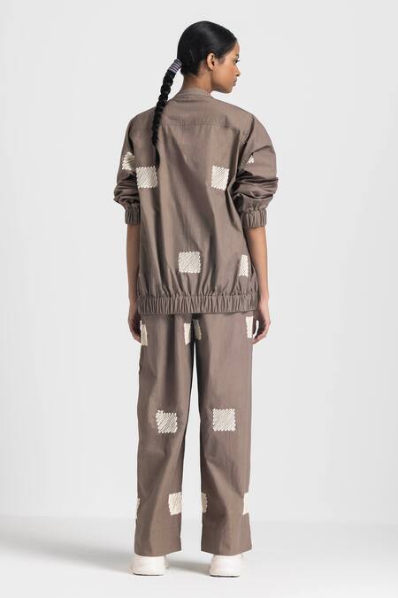 Shop Three White Poplin Embroidered Top Round Bomber Jacket Pant Set at Aza Fashions Shop_Three_White Poplin Embroidered Top Round Bomber Jacket Pant Set _at_Aza_Fashions