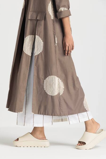Three_Brown Poplin Embroidered Wave Jacket Lapel Collar With Tunic  _Online_at_Aza_Fashions
