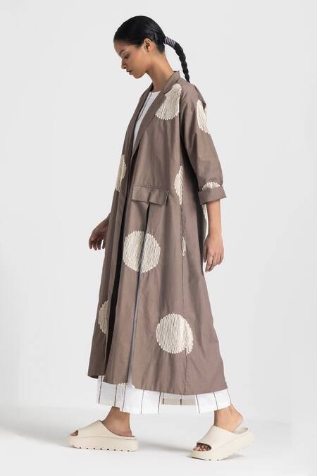 Buy_Three_Brown Poplin Embroidered Wave Jacket Lapel Collar With Tunic  _Online_at_Aza_Fashions