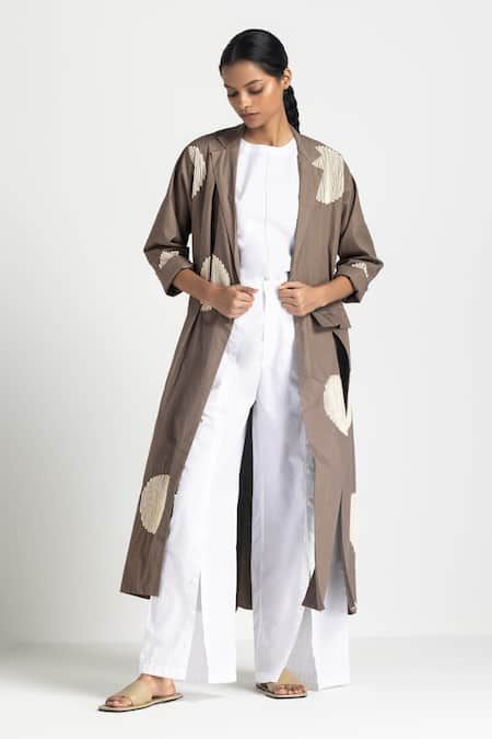 THREE Brown Poplin Embroidered Wave Jacket Lapel Circular Pant Set  