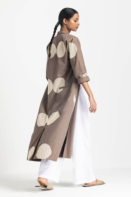 Shop Three Brown Poplin Embroidered Wave Jacket Lapel Circular Pant Set at Aza Fashions Shop_Three_Brown Poplin Embroidered Wave Jacket Lapel Circular Pant Set _at_Aza_Fashions