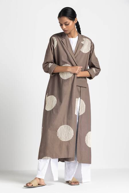 Three Brown Poplin Embroidered Wave Jacket Lapel Circular Pant Set Online at Aza Fashions Three_Brown Poplin Embroidered Wave Jacket Lapel Circular Pant Set _Online_at_Aza_Fashions