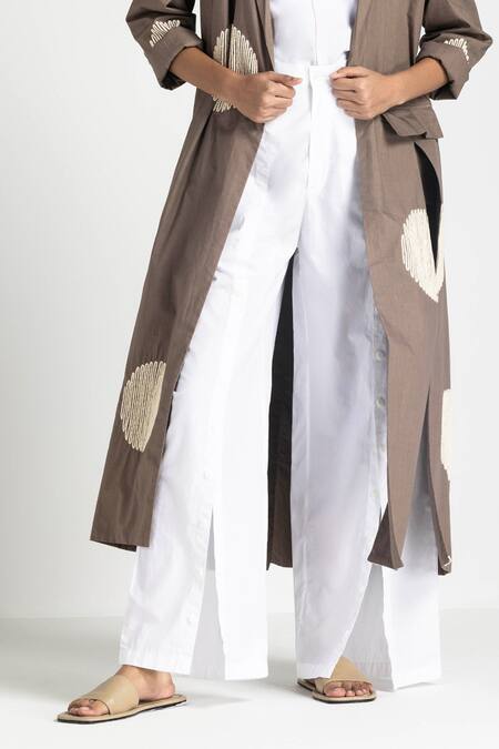 Buy Three Brown Poplin Embroidered Wave Jacket Lapel Circular Pant Set Online at Aza Fashions Buy_Three_Brown Poplin Embroidered Wave Jacket Lapel Circular Pant Set _Online_at_Aza_Fashions