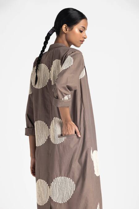 Shop Three Brown Poplin Embroidered Wave Jacket Lapel Circular Pant Set Online at Aza Fashions Shop_Three_Brown Poplin Embroidered Wave Jacket Lapel Circular Pant Set _Online_at_Aza_Fashions