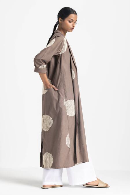 Three Brown Poplin Embroidered Wave Jacket Lapel Circular Pant Set at Aza Fashions Three_Brown Poplin Embroidered Wave Jacket Lapel Circular Pant Set _at_Aza_Fashions