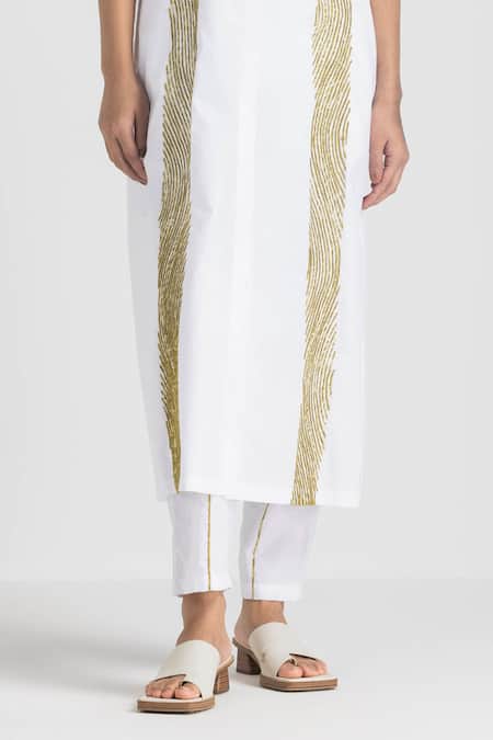 Buy_Three_White Poplin Embroidered Wave Collared Shirt Tunic And Pant Set  _Online_at_Aza_Fashions