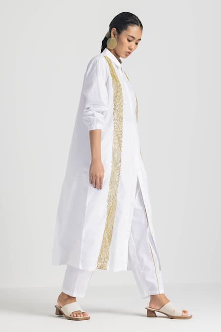 Shop_Three_White Poplin Embroidered Wave Collared Shirt Tunic And Pant Set  _Online_at_Aza_Fashions