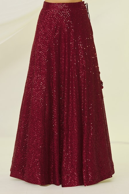 Naintara Bajaj_Maroon Silk, Net Sequins Sweetheart Neck Embroidered Lehenga Set _at_Aza_Fashions
