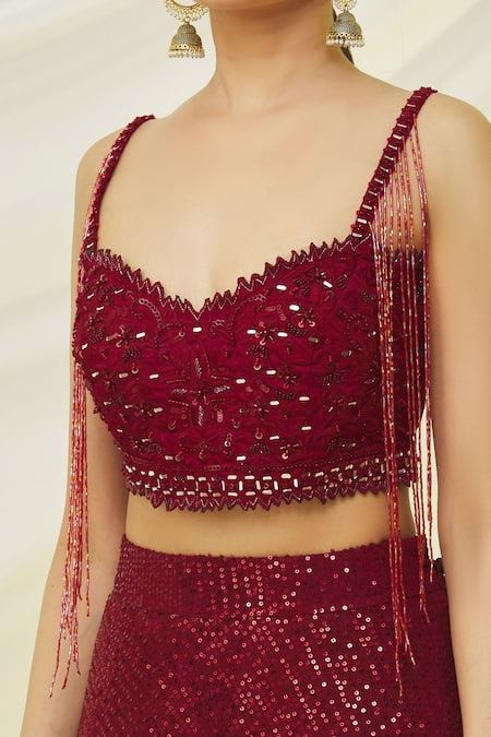 Buy_Naintara Bajaj_Maroon Silk, Net Sequins Sweetheart Neck Embroidered Lehenga Set _Online_at_Aza_Fashions