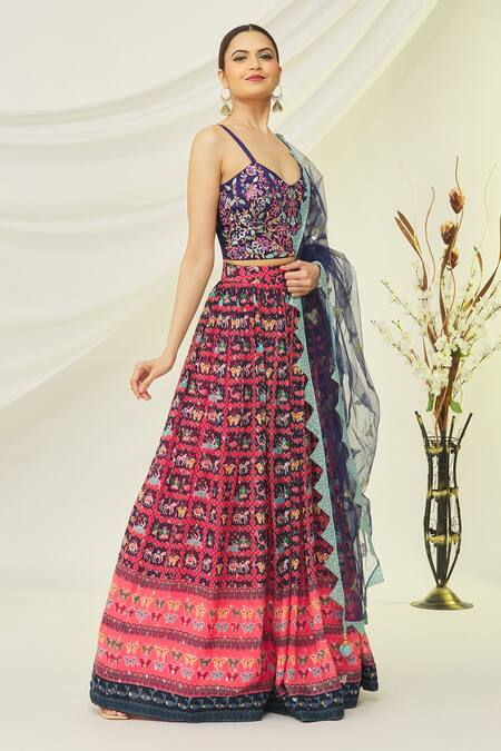 Buy Blue Art Silk Printed Sequins Embroidered Crop Top And Lehenga Set