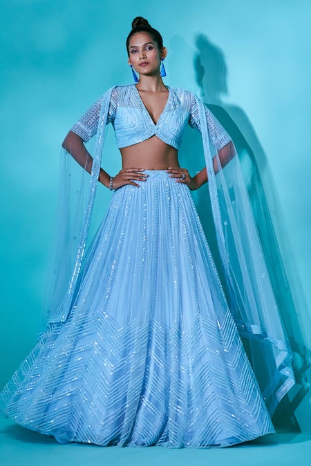 Nayantaara Blue Swiss Net Hand Embroidered Cut Dana Deep V Crystal Chevron Lehenga Set 