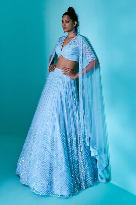 Buy_Nayantaara_Blue Silk, Net Sequins, Cut Work, Beads V-neck Hand Embroidered Lehenga Set _Online_at_Aza_Fashions